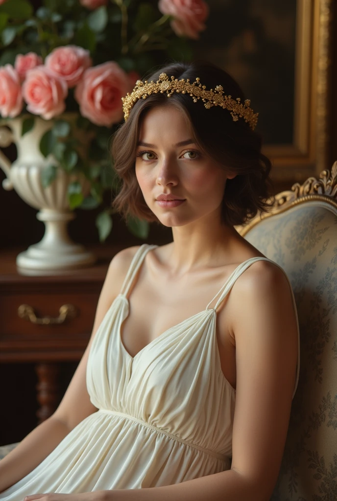 Young the goddess Athena with short brown hair sitting on chair wearing wedding long Greek dress covering the neck and A crown of golden wreath in big room in palace and front of her a vase with rose , portrait close up shot