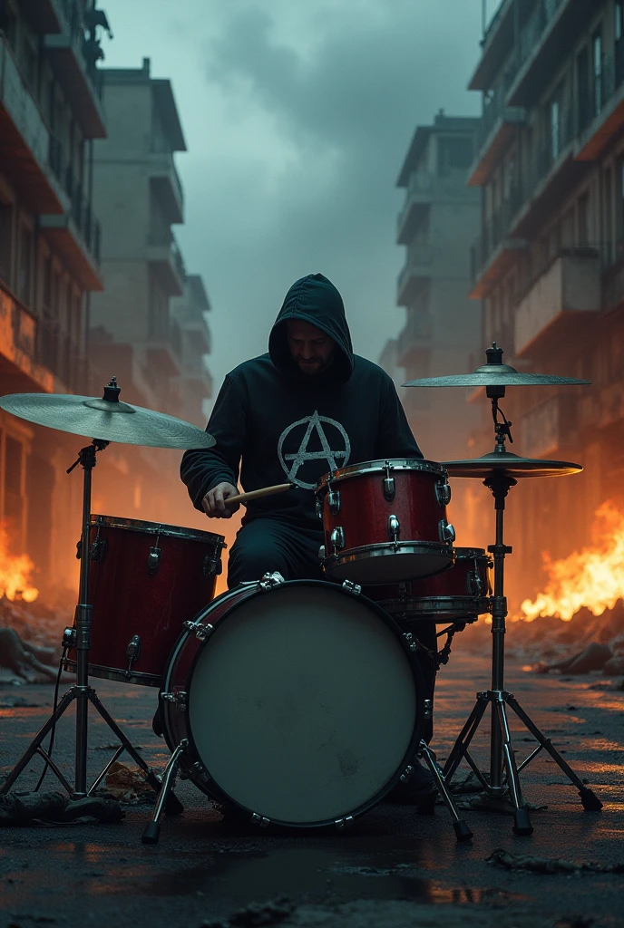 Drummer playing drums with two bass drums, two tone, at the end of the street, hooded dress black clothing printed with anarchy symbol, hidden face, kind of fat, at the end of the street da cidade devastada da guerra durante a noite, fire and smoke, dark clouds in the sky, bodies of dead soldiers lying on the ground