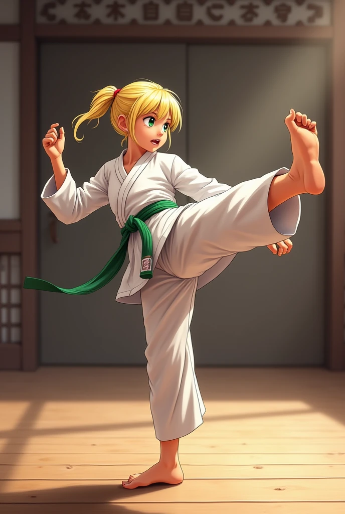 taekwondo blonde  girl kicking with green belt


