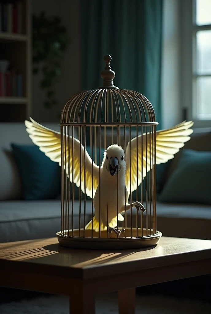 close up of a terrified small white parrot flapping it's wings inside a big bird cage on a living room table in the dark