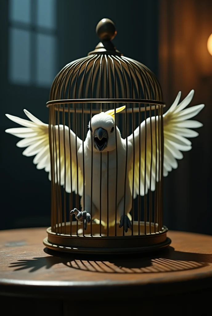 close up of a terrified small white parrot flapping it's wings inside a big bird cage on a living room table in the dark