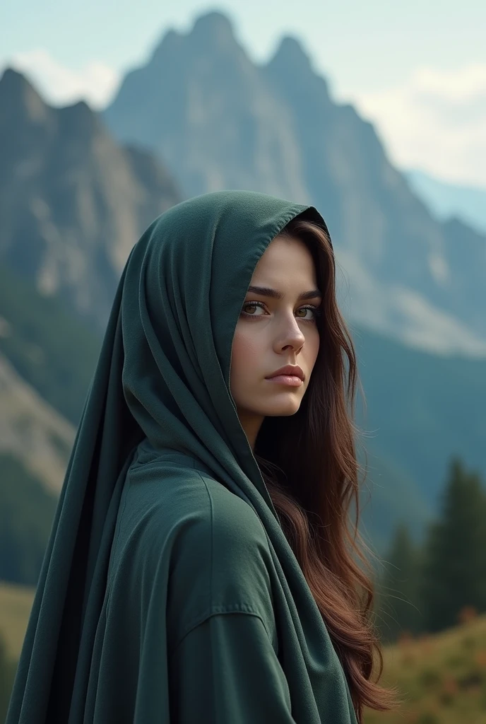 Woman of European origin with long hair ,big brown eyes, big mouth , large nose, standing with her back to a mountain with a veil on her head covering her hair