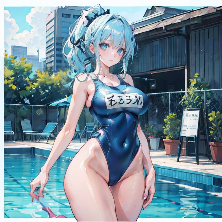 Anime Kawaii sexy Perfect Slim sensual body large breast and huge thighs, An intricate and highly detailed illustration of anime (Young girl  (cute), ((sexly)), ((Very detailed)), 4K, (8k), Highest quality,Cowboy Shot,Sexy woman, One Woman,Very large breasts,((Light blue hair color)),((Blue eyes)),(High Ponytail),((Embarrassing)),(((High leg competitive swimsuit))),Ultra-glossy body,Poolside