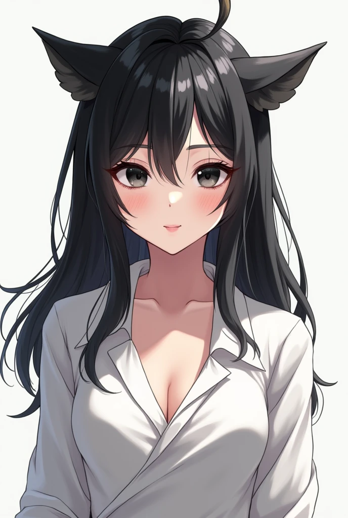 Anime drawing of a thirty-year-old woman, black eyes, sharp pupils like a cat, long black hair with one goat-like horn on the right side of her forehead, wearing a loose white women&#39;s suit, her gaze is calm and humble, a simple and calm smile, a beautiful face, a slim and perfect body