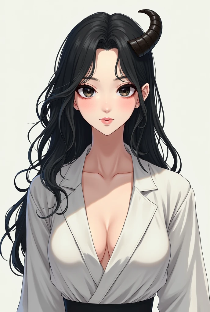 Anime drawing of a thirty-year-old woman, black eyes, sharp pupils like a cat, long black hair with one goat-like horn on the right side of her forehead, wearing a loose white women's suit, her gaze is calm and humble, a simple and calm smile, a beautiful face, a slim and perfect body