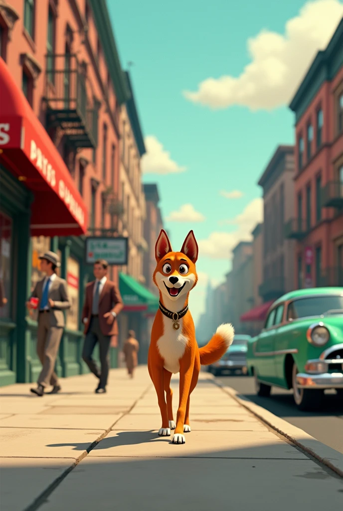 Create an animation set in the 50s where you can see the dog Laika walking down the street
