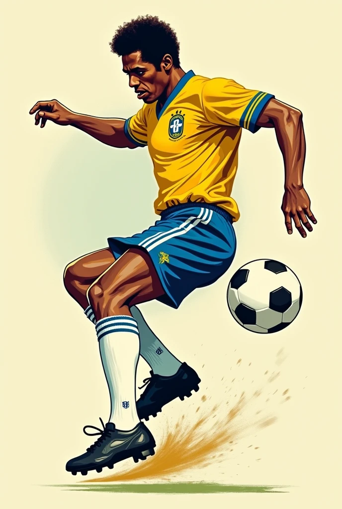 "Create a dynamic image of the legendary footballer Pelé mid-action during one of his iconic plays. The scene should capture him in the midst of executing a powerful bicycle kick, his body airborne with muscles tensed and focused expression on his face. The background should be simple, emphasizing Pelé in his classic Brazil national team kit—yellow jersey, blue shorts, and white socks. The style should be bold and graphic, suitable for a T-shirt design, with clear lines and vibrant colors that convey the energy and skill of the moment. The overall aesthetic should be vintage, celebrating Pelé's timeless legacy in football."