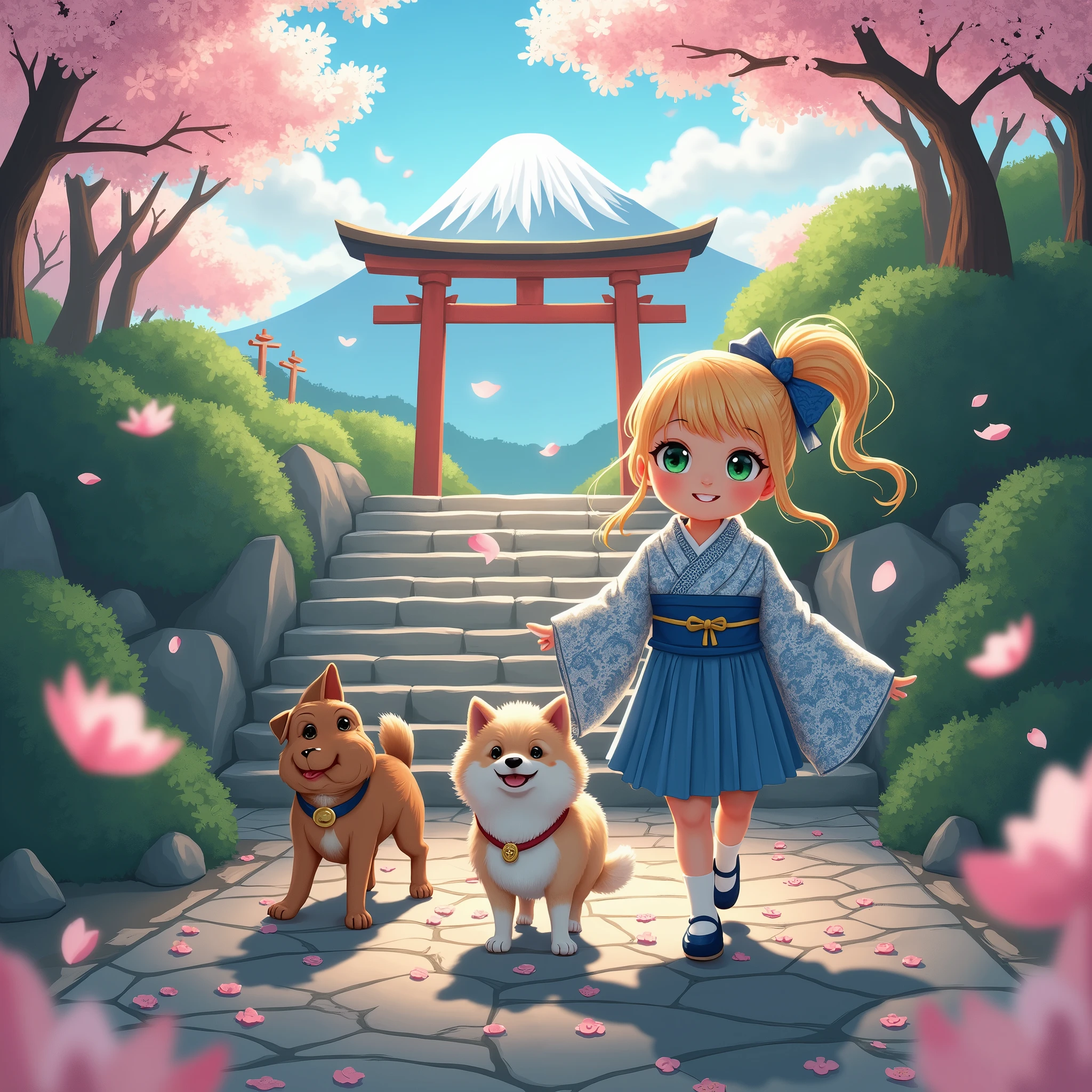 a painting of a girl in a dress and two dogs in a forest, concept art by Alexander Kucharsky, trending on artstation, fantasy art, children's art in artstation, Cute detailed digital art, adorable digital painting, Cute digital art, Fantastic matte painting,Cute, beautiful digital illustration, beautiful artwork ' digital art, colorfull digital fantasy art, Cute artwork(((masterpiece: 1,5, best quality, high resolution, super resolution, ultra detailed: 1,2, rich background: 1,4))), (close up), (1girl), solo, green eyes, blonde long hair tied with blue ribbon, hair ornament, blunt bangs, smiling, highschool girl, medium breast, ((hand on the air)), japanese clothes, (blue short pattern kimono), sandals, ribbon, obi, ((outdoor)), cherry blossom, (torii gate), stone staircase, sky (afternoon), cherry blossoms fall, ((dramatic light: 1,3)), cloudy, (fuji scenery behind). --v 6 --s 1000 --c 20 --q 500 --chaos 100