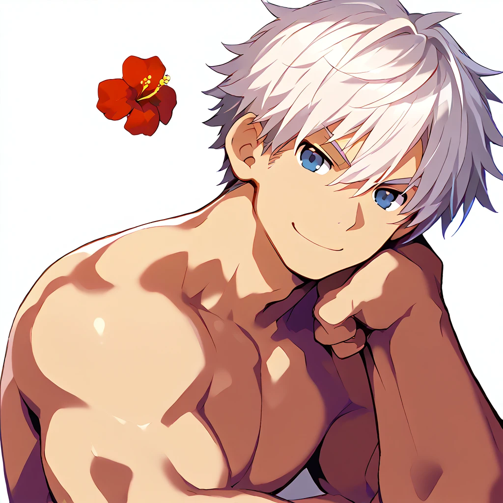 score_9, score_8_up, score_7_up, rating_explicit, source_anime, boy, white hair, pretty face, hibiscus print, flowers, stylish, smirk, masterpiece, male only, bara