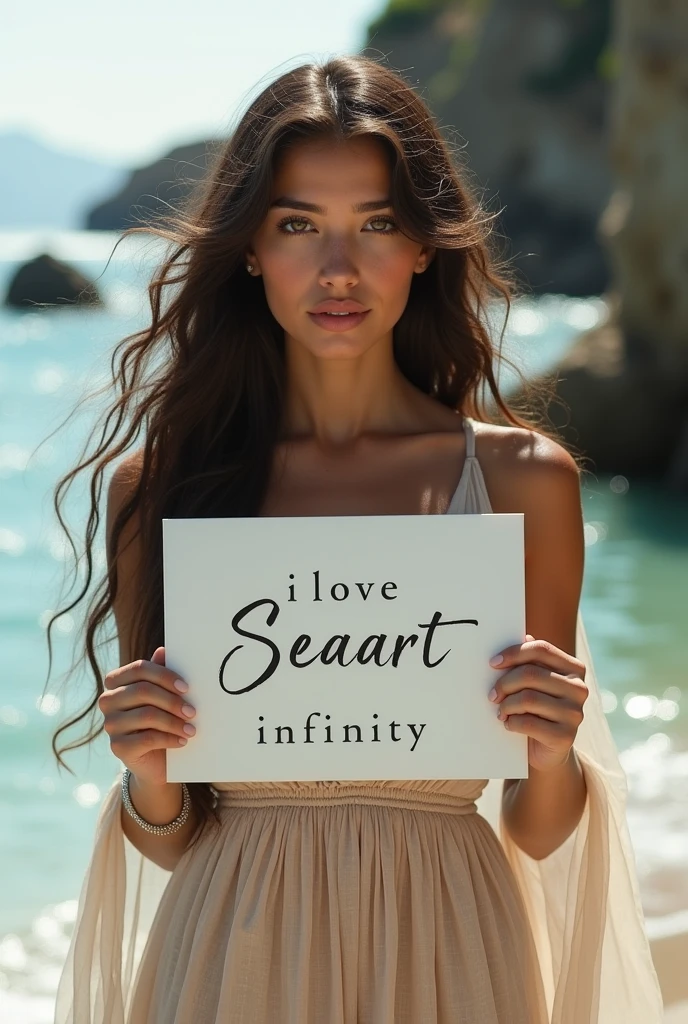 Beautiful naked girl with wavy long hair, bohemian dress, holding a white board with text "I Love Seaart Infinity" and showing it to the viewer 