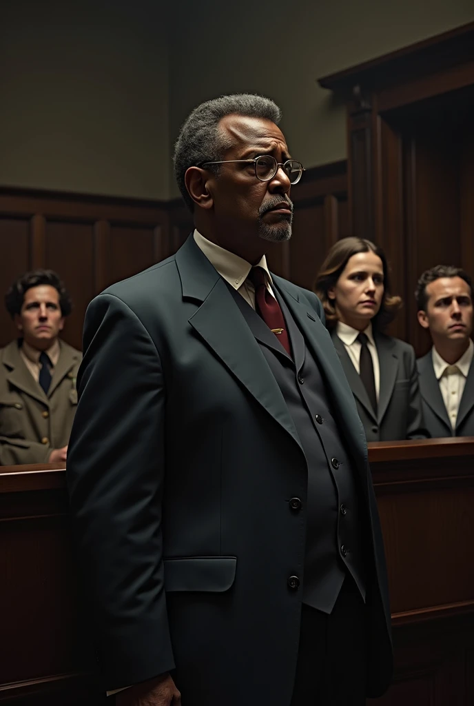 *The verdict**:
- **Description**: The jury has declared Tom Robinson guilty(african american man) culpable. Atticus(White man) has an expression of disappointment and sadness. The children are in the audience, with looks of anguish.
- **Details**: The scene should capture the shock and sense of injustice in the courtroom atmosphere..