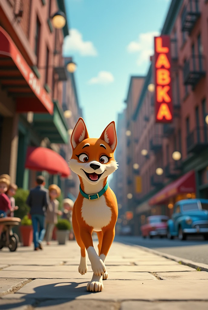 Create an animation set in the 50s where you can see the dog Laika walking down the street