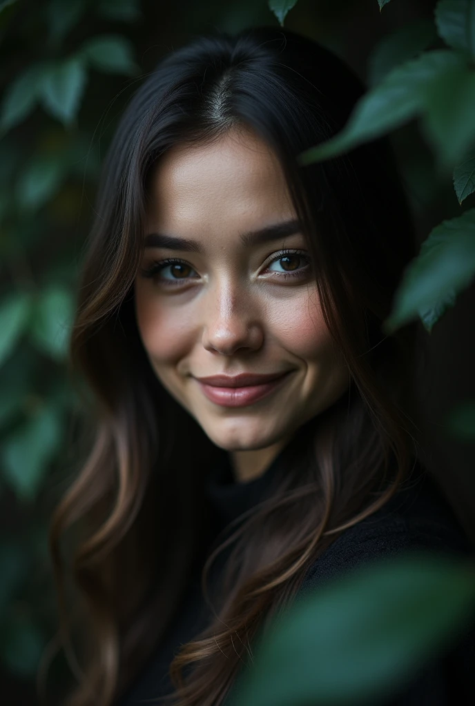 Solo portrait photo of a real life 30 years old girl with dark fantasy background, Charming Smile by Ando Fuchs and Julius Horsthuis Ultra-realistic, highly detailed, intricate, photorealistic analog style photography, sharp focus on eyes., cinematic lighting