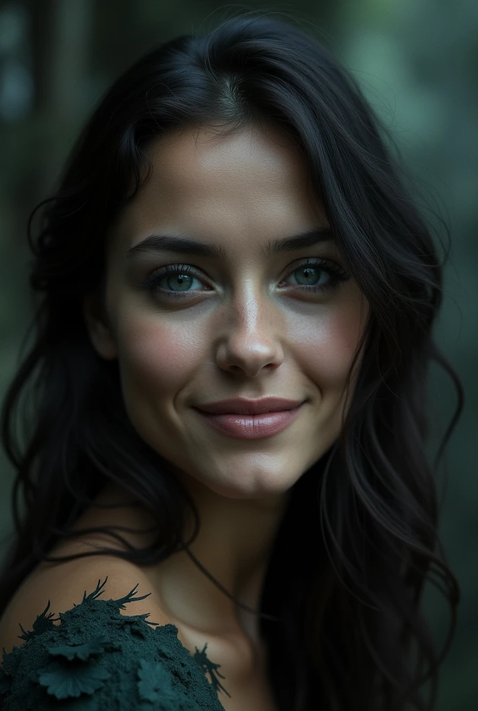 Solo portrait photo of a real life 30 years old girl with dark fantasy background, Charming Smile by Ando Fuchs and Julius Horsthuis Ultra-realistic, highly detailed, intricate, photorealistic analog style photography, sharp focus on eyes., cinematic lighting