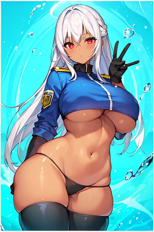 1girl, dark skin, dark-skinned female, red eyes, white hair, long hair, large , thick thighs, underboob, hourglass figure, mature , thighhighs, police, police uniform, parted lips, bikini  highleg bikini, peace sign, v, gloves, 