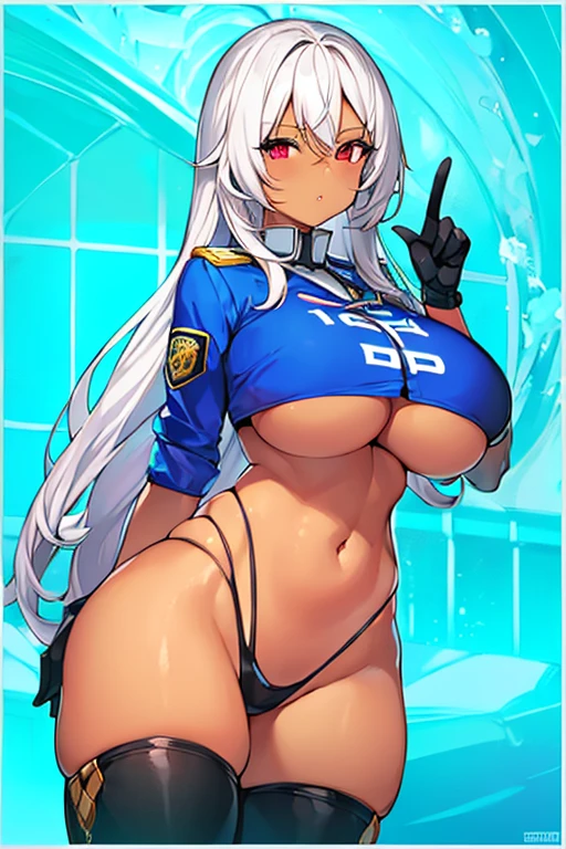 1girl, dark skin, dark-skinned female, red eyes, white hair, long hair, large breasts, thick thighs, underboob, hourglass figure, mature female, thighhighs, police, police uniform, parted lips, bikini highleg bikini, peace sign, v, gloves,
