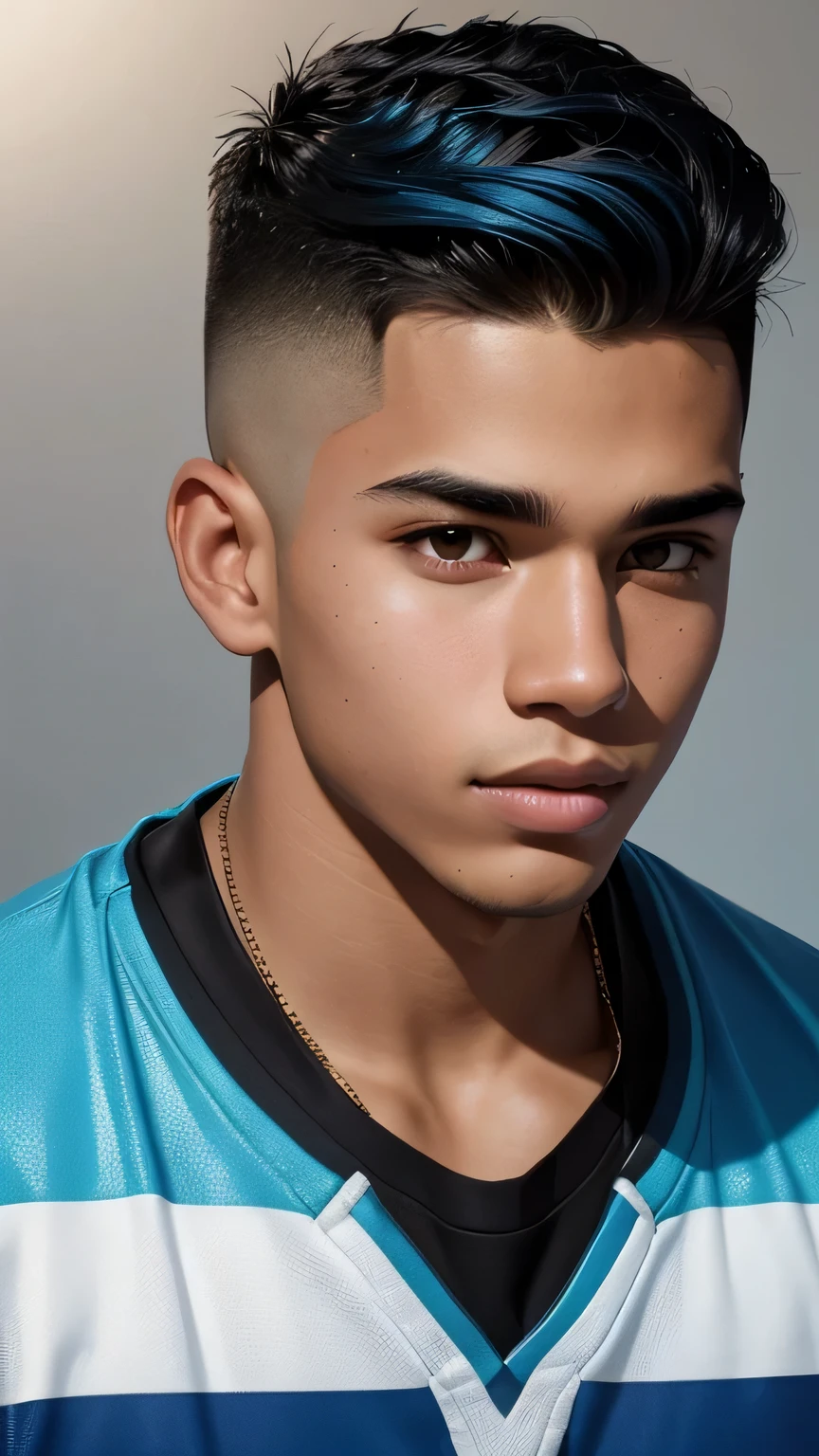 "A close-up of a 25-year-old man with tropical Latin skin tone. He has a high fade haircut with black hair and a high-cut side part. He is wearing a hockey jersey in varying shades of blue. The image focuses on the man's bust and face, highlighting his youthful and vibrant energy. The background is neutral and light, creating a subtle contrast with his skin tone. The aesthetic of the image is reminiscent of a 90s high school vibe, with soft lighting and a nostalgic retro feel. The composition evokes the laid-back and stylish essence of 90s high school culture."