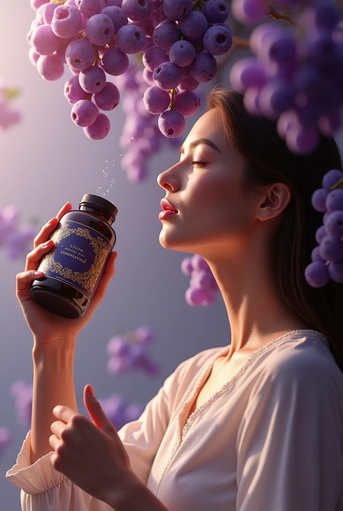 Imagine a woman in a moment of self-care, taking your liquid dietary supplement from a smoked translucent bottle with a dropper. The bottle has a black label with gold letters that say trans-resveratrol..While she administers the supplement, a soft rain of purple grapes falls on your face, blending charmingly into the scene. The contrast between the elegant bottle and the rain of grapes creates a unique and refreshing image, highlighting the balance between nutrition and visual pleasure.