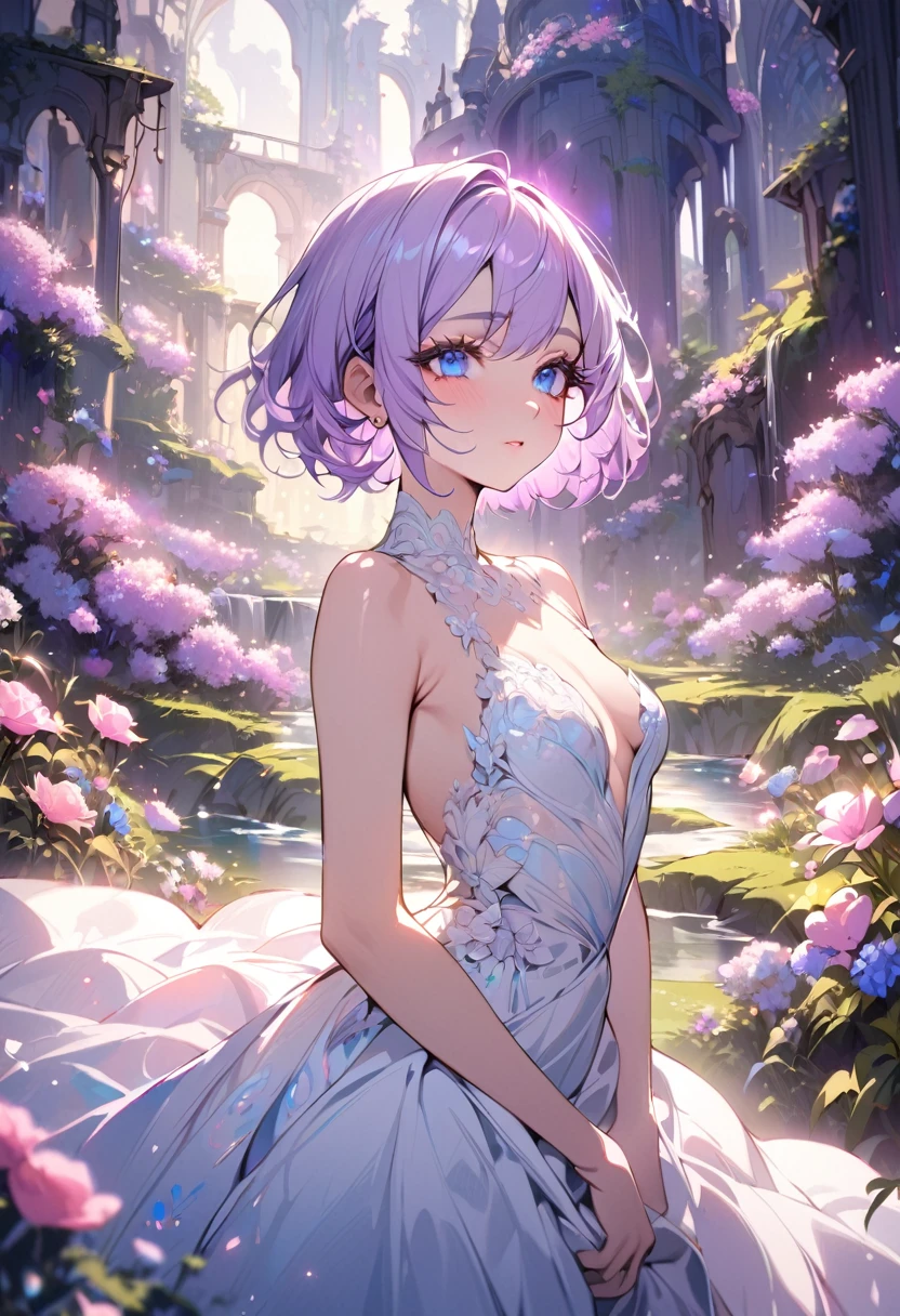 ((best quality)), ((Masterpiece)), (details), Young woman,( light purple hair, blue eyes, ((short hair)) , beautiful face, Beautiful skin, Long eyelashes, Thick eyelashes), fantasy landscape, vibrant colors, soft lighting, whimsical atmosphere, blooming flowers, flowing dress, delicate details, ethereal background, dreamy aura, 