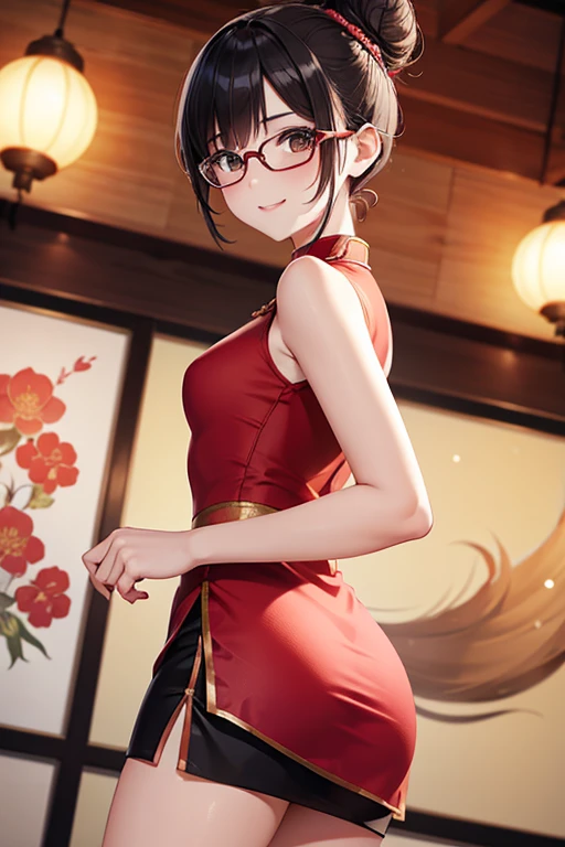 Korean girl
,Wear glasses
,Red Chinese cheongsam
,short skirt
,Black messy bun
,brown eyes
,small waist
,Attending the Chinese New Year Festival
,Beautiful composition
,Taken by a professional photographer
,Camera angle from behind
,She turned to smile at the camera.
,be happy
,Thin eyebrows, not too dark
,High nose
,small breasts
,Don't be a jerk.
,small
,sparkling eyes
,pink mouth