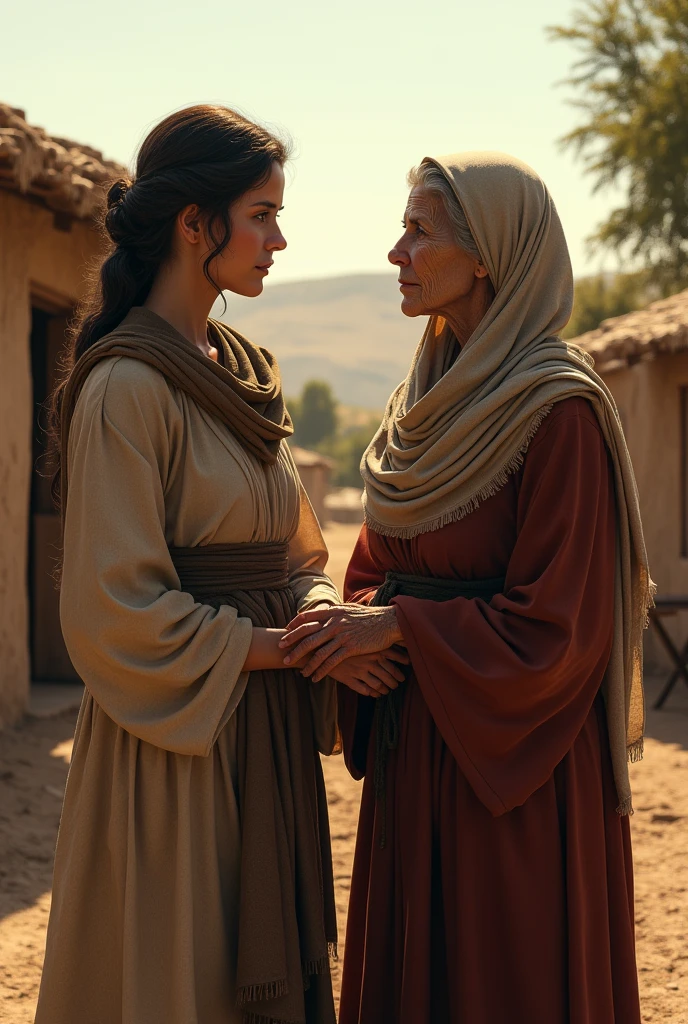 Create a realistic image where Ruth and her mother-in-law Noemi talk according to the Bible  