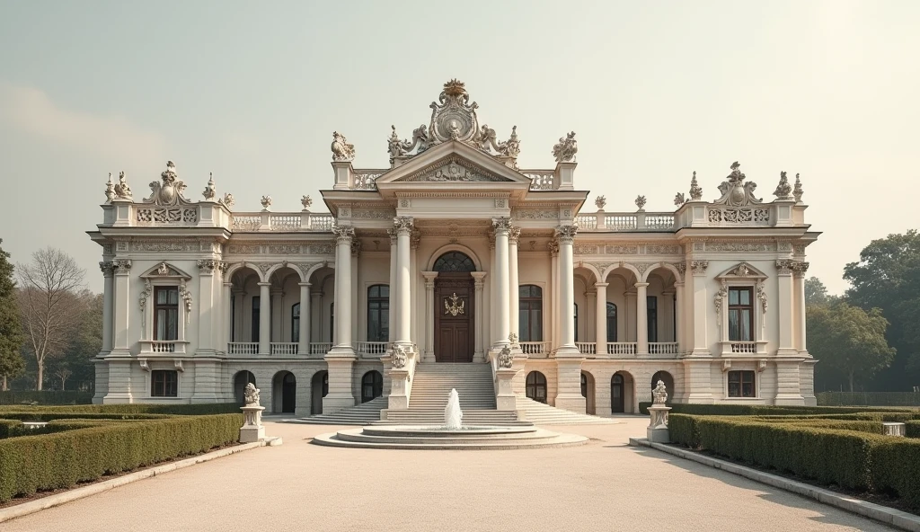 Create a horizontal photograph of a palace in the Baroque architectural style with neutral colors.