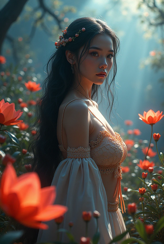 a futanari girl in a fantasy landscape, beautiful detailed eyes, beautiful detailed lips, extremely detailed face and body, long hair, intricate detailed clothing, magical glowing flower garden, vibrant colors, dramatic lighting, (best quality,4k,8k,highres,masterpiece:1.2),ultra-detailed,(realistic,photorealistic,photo-realistic:1.37),highly detailed, intricate details, fantasy art, digital painting, cinematic lighting
