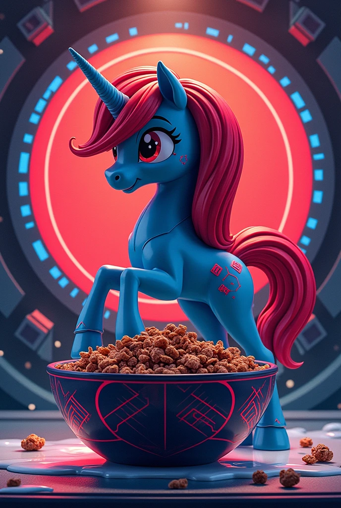 Cereal box with Pony Malta Crunch text:[design with futuristic red and blue colors:0.6], [ shows a cereal of Crunchy chocolate granola in a cup with milk:0.8]. 