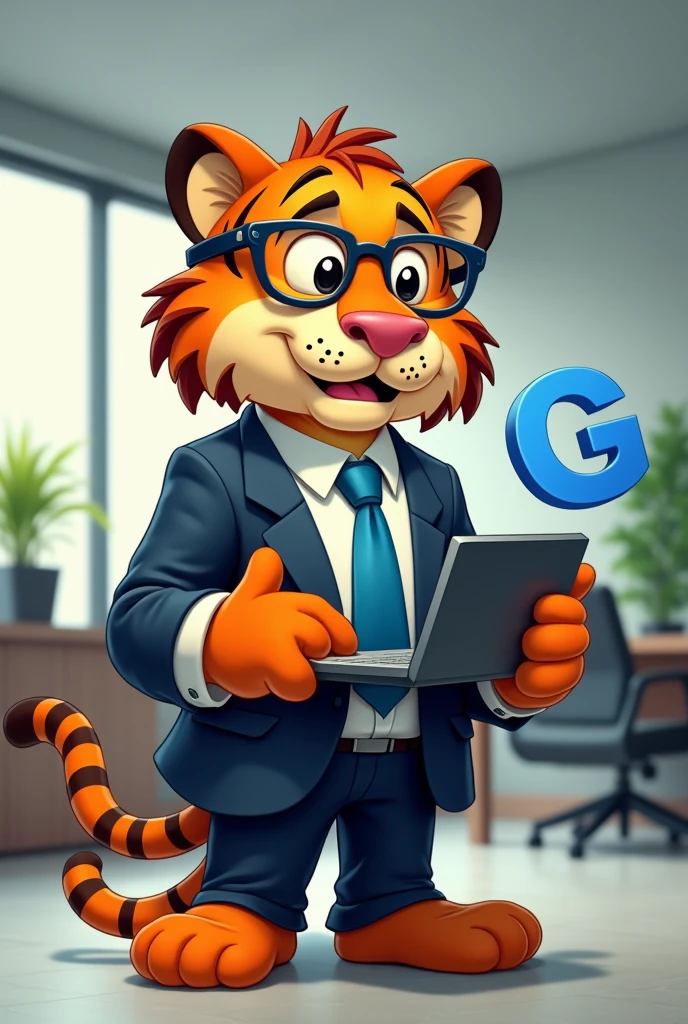 Disney, tiger in administrator clothes, Computer in hand, letter g