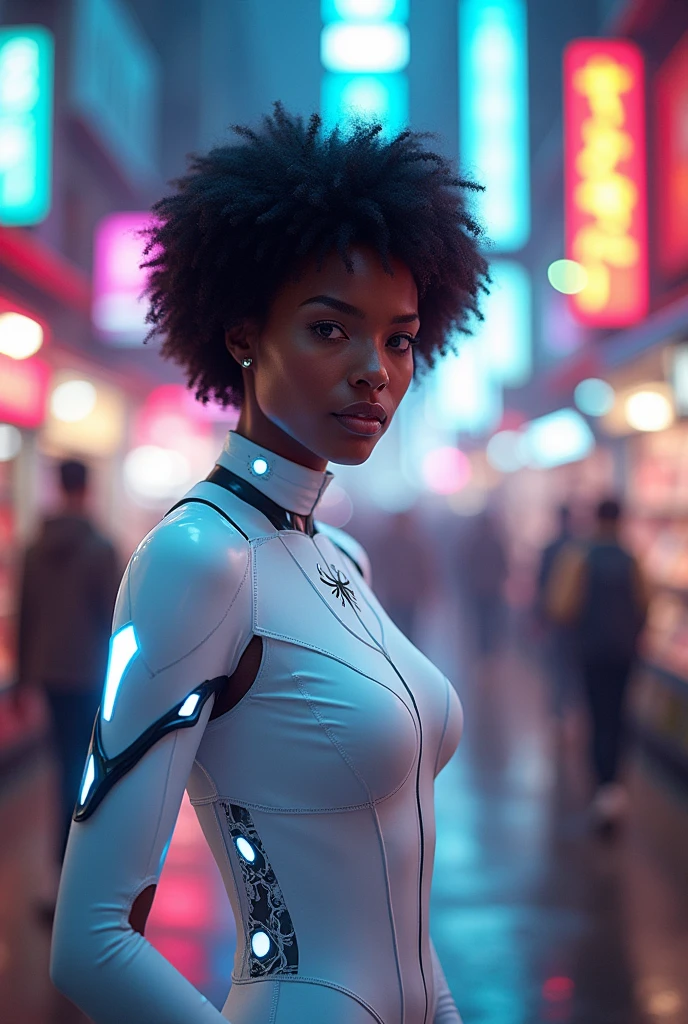 Here's the description with the character styled in a white Spider-Woman uniform:
"In a striking cyberpunk metropolis, a vivid portrait captures the woman as a stunning bionic figure, confidently posing for the camera in a bustling future marketplace. She wears a sleek white Spider-Woman uniform that hugs her form, accentuating her powerful stature while showcasing her intricately designed bionic enhancements—glowing circuitry visible beneath the elastic fabric, pulsing rhythmically with the neon lights surrounding her.
Her radiant skin glows under the kaleidoscope of colorful holographic displays advertising futuristic products and services, creating an electrifying backdrop that enhances her presence. Her afro hair, now interwoven with delicate filaments of light, frames her face beautifully as she gazes directly into the lens, her synthetic eyes brimming with confidence and allure, embodying both strength and elegance.
The air is charged with the sounds of lively conversations and the whir of drones delivering goods, but in this moment, she commands the scene, a captivating figure amid the vibrant chaos. A digital projection of upcoming tech innovations glimmers beside her, showcasing art and messages of social change that resonate deeply with her powerful presence.
(Radiant neon lighting, deep contrasts, and sharp details), 160-color support, filmed on ARRI ALEXA 65, creating an immersive experience that feels both surreal and breathtakingly real. Shot by Don McCullin, this image connects her striking bionic features, echoing those of Angelina Jolie, with the heart of a futuristic world, capturing a moment that’s as enchanting as it is transformative."
beauty, cyberpunk, bionic, futuristic, Spider-Woman, model, elegance, urban, glamour, fashion, stunning, radiant, neon, confident, striking, innovative, artistic, technological, sophisticated, captivating, immersive, gritty, cultural, portrait, beauty photography, professional model, avant-garde, urban landsc