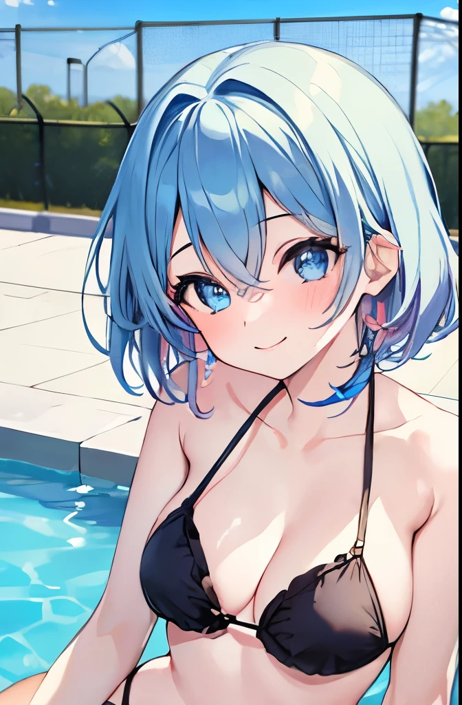 ((masterpiece)), ((best quality)), (ultra-detailed), pool, a cute girl, 1girl, solo, bikini, ((beautiful eyes)), smile