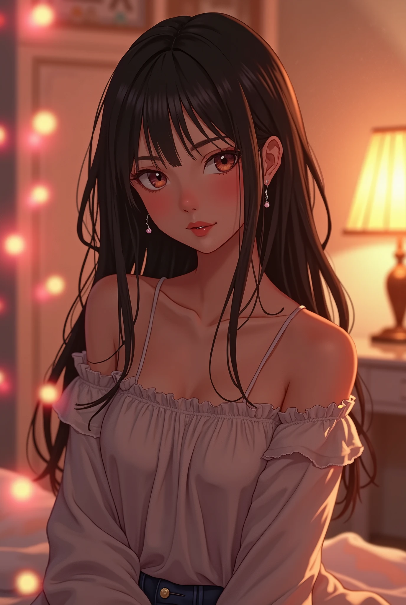 Background image, graphic CG digital art, girls room, spacious, white wardrobe, bed with white sheets, table lamp, pink heat fairy lights, warm soft light, dark, no people, indoors, 2.5D, delicate and dynamic, blurry