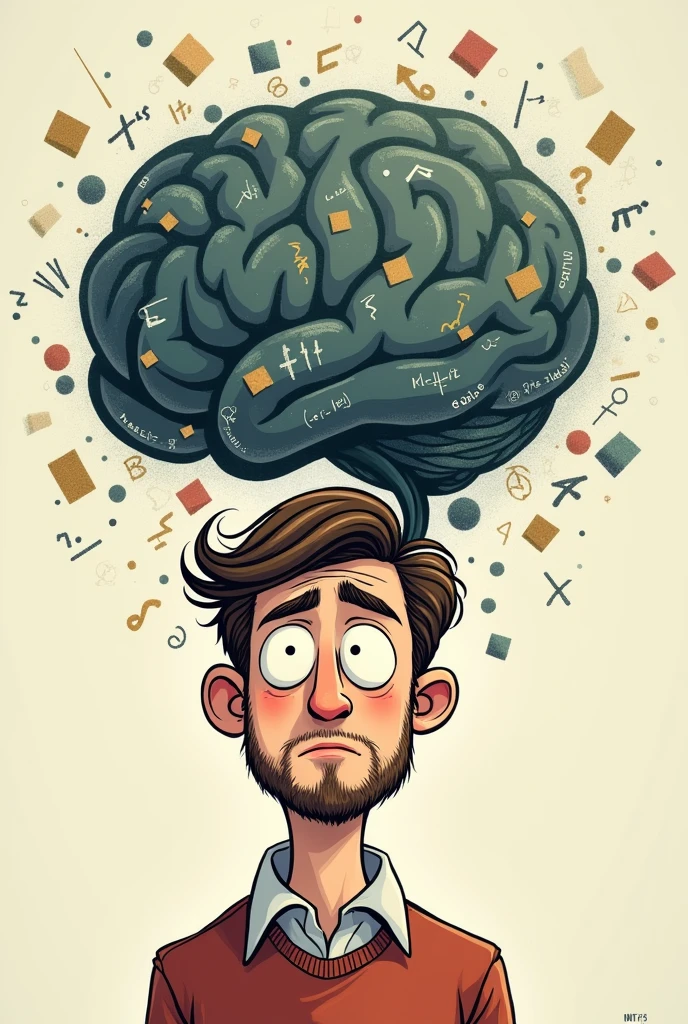 Cartoon of a man imagining his brain as a blackboard with notes on it. Some of the notes fade or fall out as you try to concentrate.