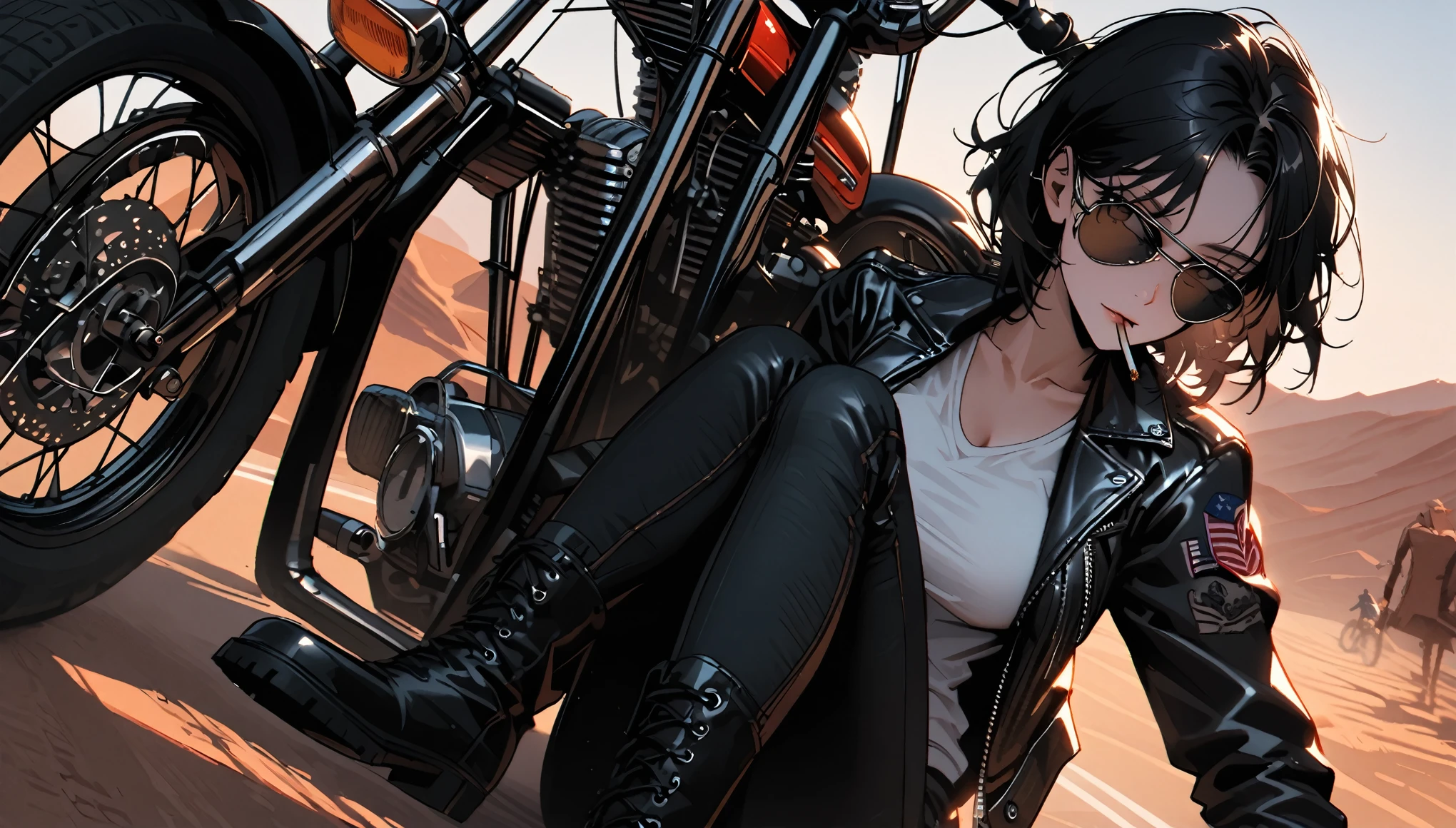 close up, female, solo, short messy black hair, aviator sunglasses, cigarette in mouth, black leather jacket, worn jeans, leather boots, chopper bike, American desert road landscape with old dinner, sunny, bike gang, large breasts, tall, road, broad shoulders, from the knees up