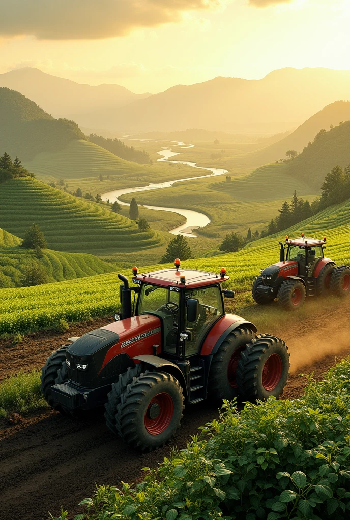 Create a realistic image of the world's agriculture with agricultural tractors