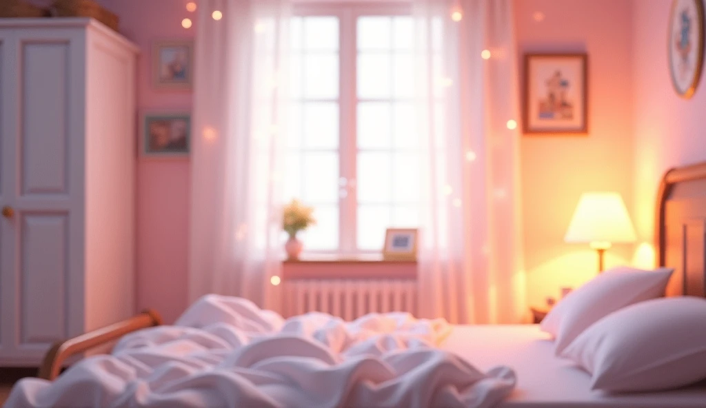 Background image, graphic CG digital art, girls room, spacious, white wardrobe, bed with white sheets, table lamp, pink heat fairy lights, warm soft light, dark, no people, indoors, 2.5D, delicate and dynamic, blurry 