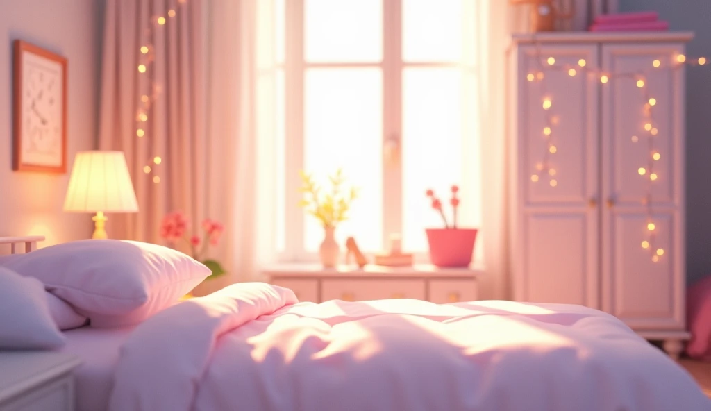 Background image, graphic CG digital art, girls room, spacious, white wardrobe, bed with white sheets, table lamp, pink heat fairy lights, warm soft light, dark, no people, indoors, 2.5D, delicate and dynamic, blurry