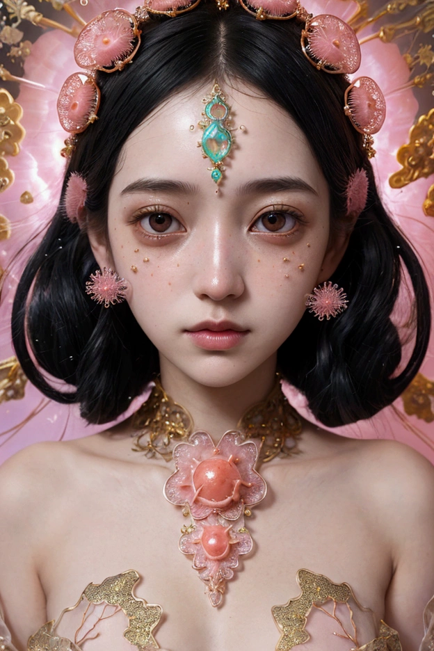 photo RAW, (Black and pink : Portrait of a ghostly jellyfish, shiny aura, highly detailed, gold filigree, intricate motifs, organic tracery, by Android jones, Januz Miralles, Hikari Shimoda, glowing stardust by W. Zelmer, perfect composition, smooth, sharp focus, sparkling particles, lively coral reef background Realistic, realism, hd, 35mm photograph, 8k), masterpiece, award winning photography, natural light, perfect composition, high detail, hyper realistic