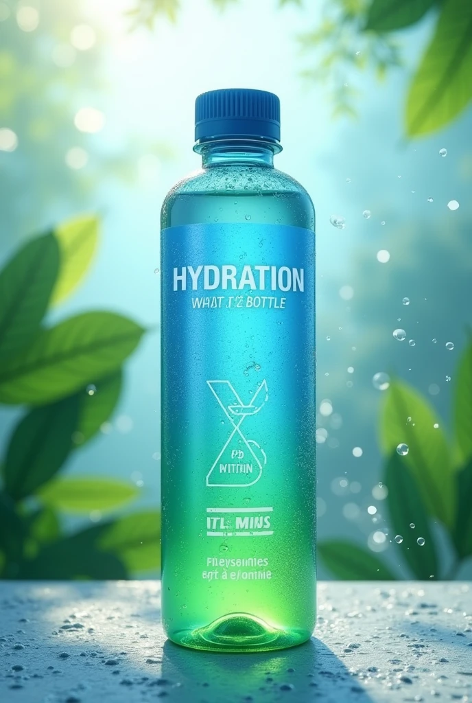 a blue and green hydration water bottle label with electrolytes and vitamins
