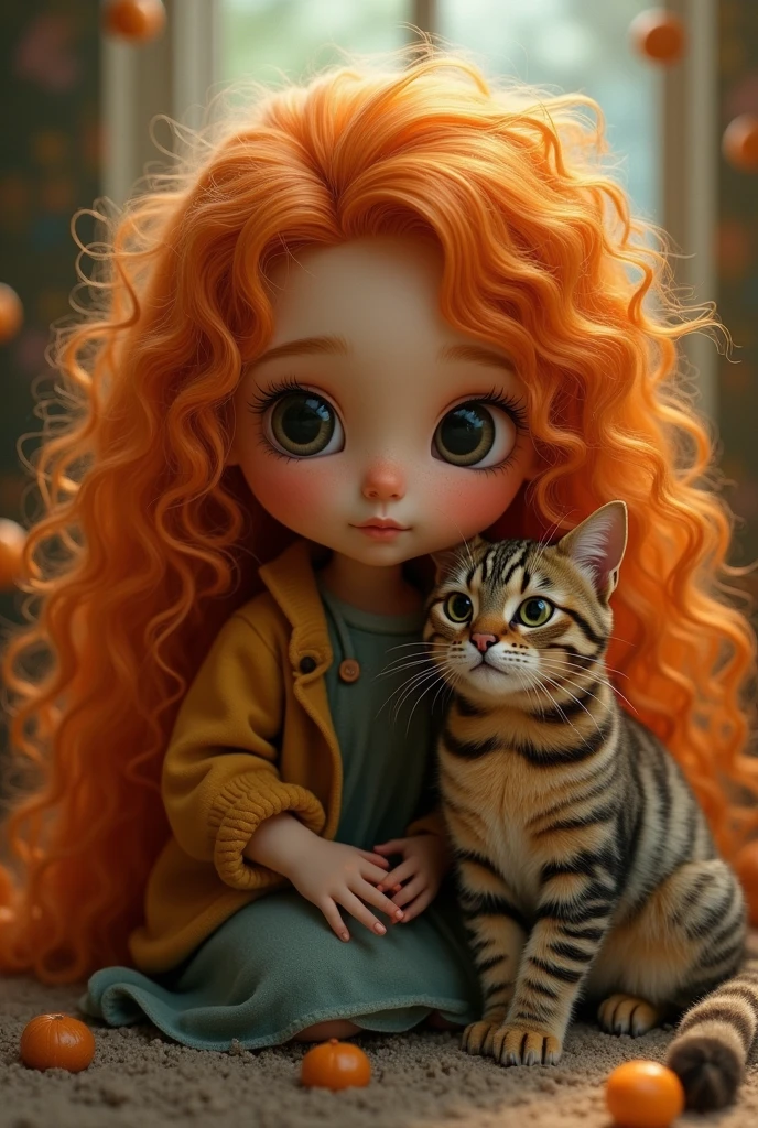 a brown-skinned girl with long curly orange hair. next to her cat with brown and gray fur, with stripes