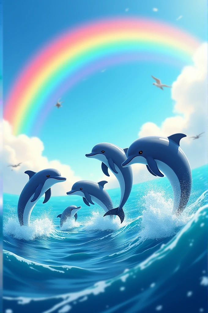 Create an animated image of dolphins swimming happily while jumping with a rainbow in the background