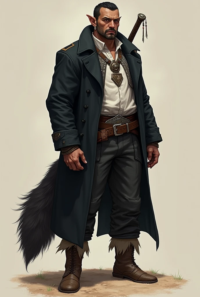 He is a tall indigenous man, 2 meters tall, with a square face and short dark hair and a beardless face with a smooth, clean-shaven face. His eyes are wolf-like and one of them is closed with pointy ears with earrings. He wears a dark black overcoat with a white shirt underneath and dark pants and has a strong physique with broad shoulders and chest and a large wolf tail. A large sword is strapped to his back. I would like the art in a fantasy RPG style. In the Old West