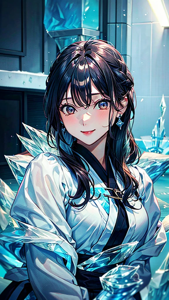 masterpiece, High resolution, accurate, Anatomically correct, most high quality, Very detailed, high quality, Ultra high definition, Big Tits Earrings, Sparkling eyes, Cowboy Shot, moving line, Speed Line, mage,sexy pose,(((one woman,master of ice:1.5))),smile,Different world,another world、湖