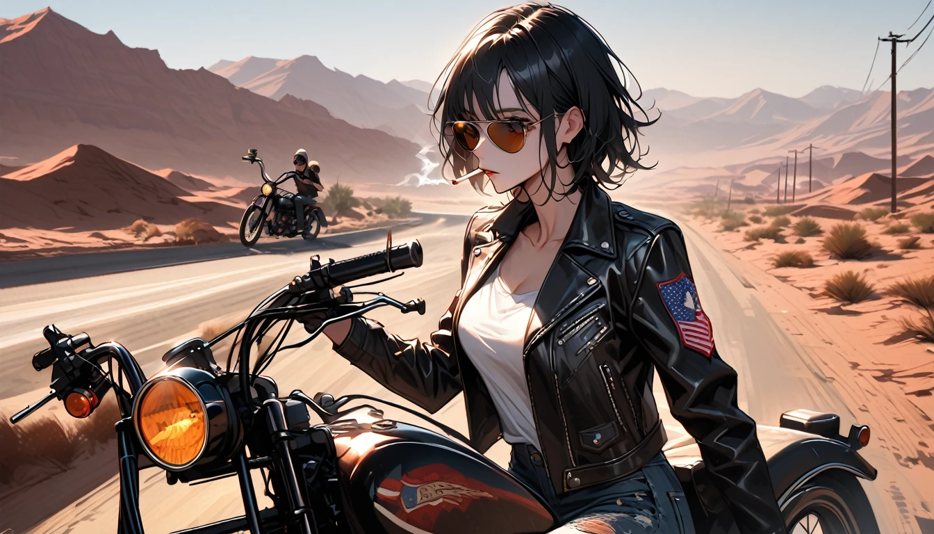 close up, female, solo, short messy black hair, aviator sunglasses, cigarette in mouth, black leather jacket, worn jeans, leather boots, chopper bike, American desert road landscape with old dinner, sunny, bike gang, large breasts, tall, road, broad shoulders