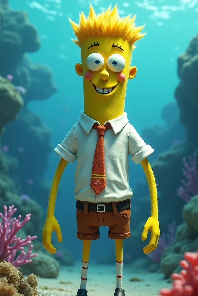 (photorealism:1.2) Realistic handsome human spongebob with yellow skin and blonde hair well detailed with white colored shirt, tie and shorts under the sea
