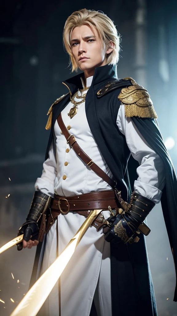 Create a live-action depiction of a gender-swapped version of Celes Chere from Final Fantasy VI. The character, now male, should retain Celes’s noble and stoic demeanor, reflecting his status as a former general and warrior of great strength. His hair should remain true to the original, a striking blonde shade, styled in a neat, shoulder-length cut with a few loose strands framing his face. The hair should be slightly tousled, giving him a rugged, battle-hardened look. His face should have sharp, masculine features, with a strong jawline and piercing blue eyes that convey determination and duty. His build should be tall, broad-shouldered, and muscular, reflecting his combat prowess.

His outfit should be a masculine reinterpretation of Celes’s original attire, designed to emphasize his strength. He should wear a fitted, military-style jacket in white or pale blue, adorned with gold trim and buttons, symbolizing his former rank as a general. The jacket should be tailored to accentuate his physique, with a high collar and epaulets on the shoulders. Underneath, he should wear a form-fitting undershirt or tunic in navy blue, adding depth to his appearance. The lower half should include fitted trousers tucked into knee-high, leather boots, with belts and straps enhancing his soldierly look. Accessories should include a sword with an ornate hilt sheathed at his side, symbolizing his skill as a swordsman, and a cape draped over one shoulder, adding regality to his appearance. The cape should be in a complementary color like deep blue or gold, flowing behind him to emphasize his noble stature.

The background should be a grand military fortress or windswept battlefield, highlighting his role as a warrior and connection to duty and honor. The image should capture Celes’s strength, nobility, and resolve, with the gender swap adding a new layer of masculinity while staying true to his original essence.