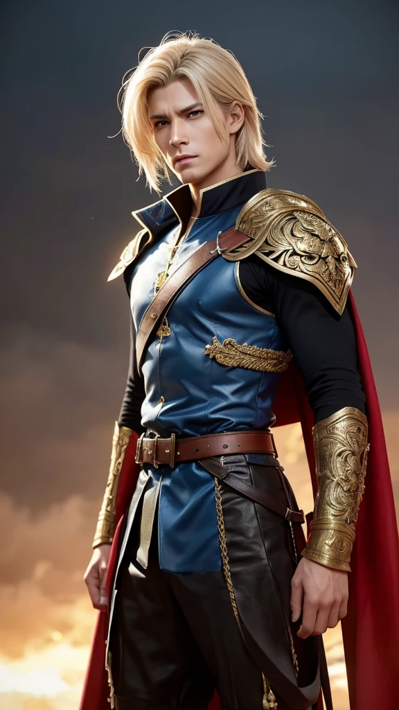 Create a live-action depiction of a gender-swapped version of Celes Chere from Final Fantasy VI. The character, now male, should retain Celes’s noble and stoic demeanor, reflecting his status as a former general and warrior of great strength. His hair should remain true to the original, a striking blonde shade, styled in a neat, shoulder-length cut with a few loose strands framing his face. The hair should be slightly tousled, giving him a rugged, battle-hardened look. His face should have sharp, masculine features, with a strong jawline and piercing blue eyes that convey determination and duty. His build should be tall, broad-shouldered, and muscular, reflecting his combat prowess.

His outfit should be a masculine reinterpretation of Celes’s original attire, designed to emphasize his strength. He should wear a fitted, military-style jacket in white or pale blue, adorned with gold trim and buttons, symbolizing his former rank as a general. The jacket should be tailored to accentuate his physique, with a high collar and epaulets on the shoulders. Underneath, he should wear a form-fitting undershirt or tunic in navy blue, adding depth to his appearance. The lower half should include fitted trousers tucked into knee-high, leather boots, with belts and straps enhancing his soldierly look. Accessories should include a sword with an ornate hilt sheathed at his side, symbolizing his skill as a swordsman, and a cape draped over one shoulder, adding regality to his appearance. The cape should be in a complementary color like deep blue or gold, flowing behind him to emphasize his noble stature.

The background should be a grand military fortress or windswept battlefield, highlighting his role as a warrior and connection to duty and honor. The image should capture Celes’s strength, nobility, and resolve, with the gender swap adding a new layer of masculinity while staying true to his original essence.