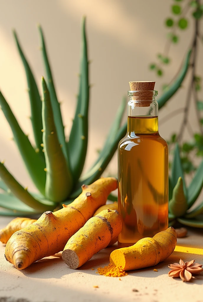 I want you to make a picture that contains turmeric (its root) The whole aloe vera and the tea tree oil