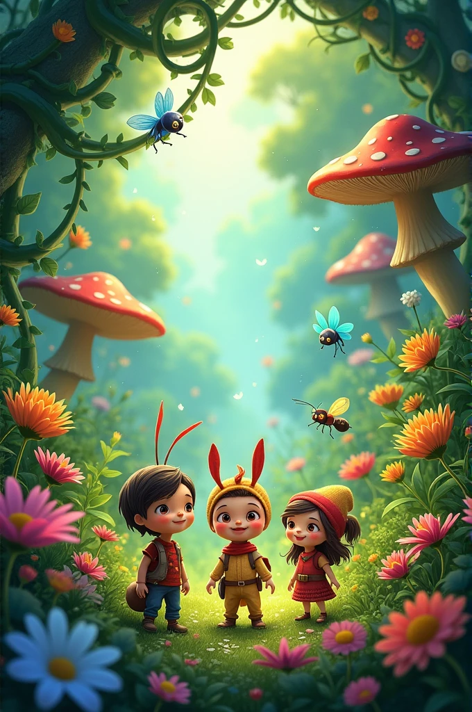 Create an enchanted garden illustration with vibrant flowers and greenery. At the center, show three characters: nico, a brave ant carrying a tiny leaf, Food, an adventurous ladybug with bright red spots, to Lilo, a smart firefly that glows softly. The atmosphere should be magical and inviting. And that the characters stand out in the image