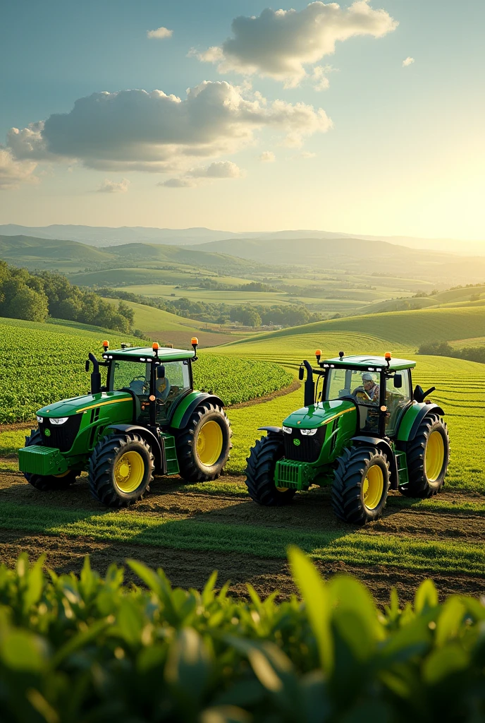 Create a realistic image of the world's agriculture with John Deere tractors